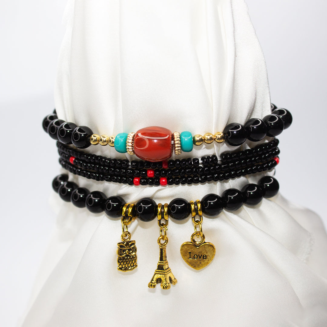 Boho Owl Black Beaded Charm Bracelet Set – Eiffel Tower, Pineapple & Love Heart