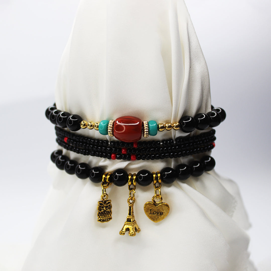 Boho Owl Black Beaded Charm Bracelet Set – Eiffel Tower, Pineapple & Love Heart