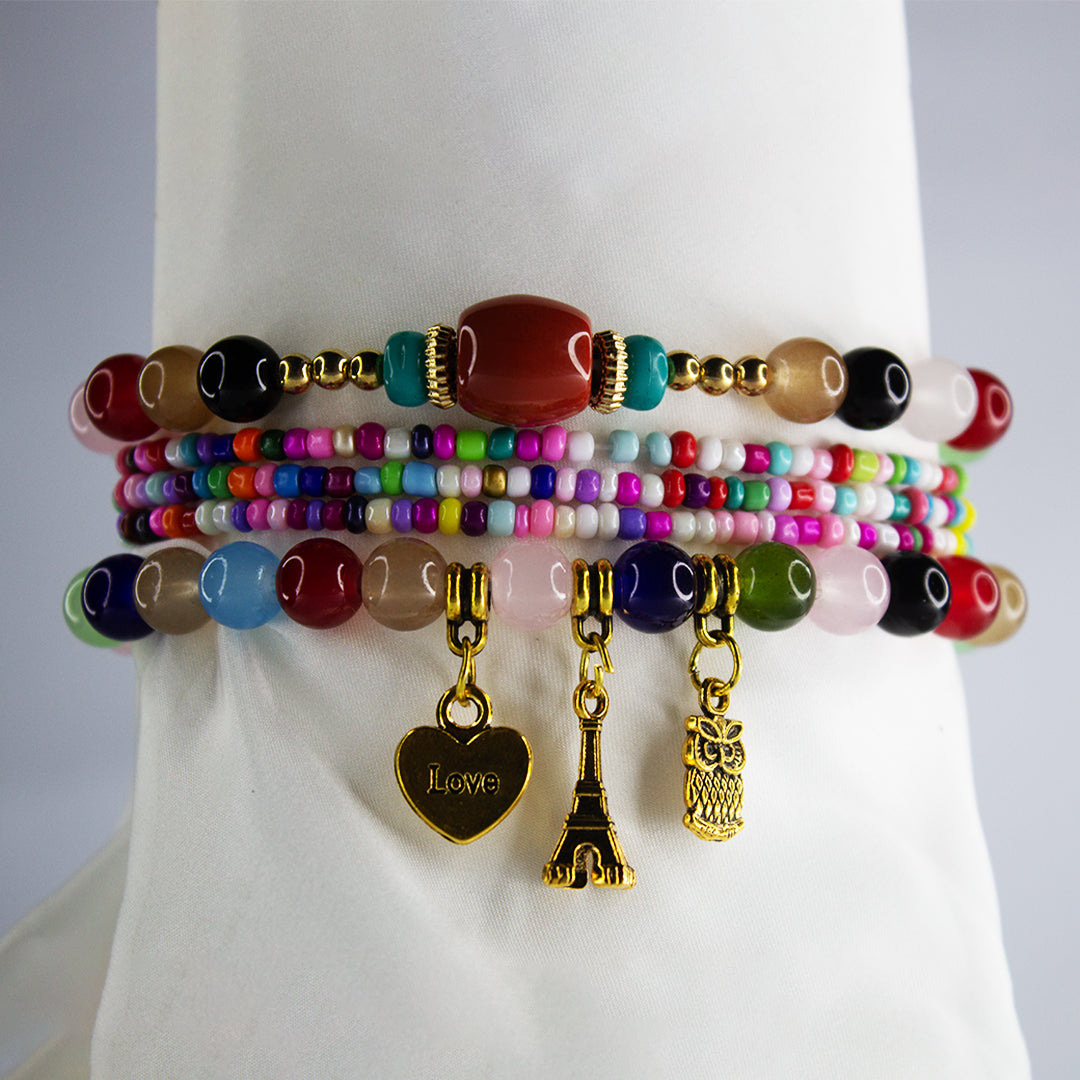Bohomulti Beaded Charm Bracelet Set – Eiffel Tower, Pineapple & Love Heart