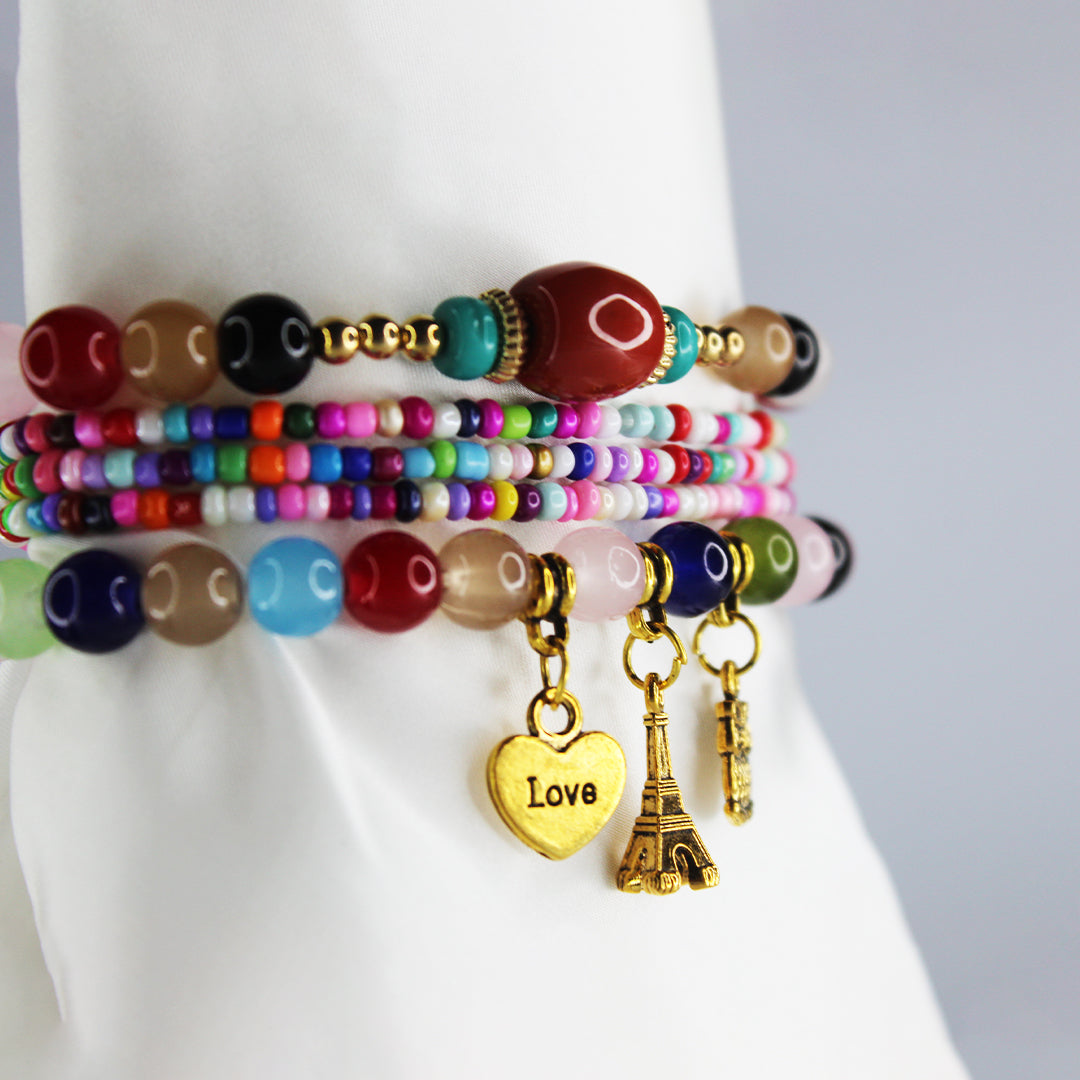 Bohomulti Beaded Charm Bracelet Set – Eiffel Tower, Pineapple & Love Heart