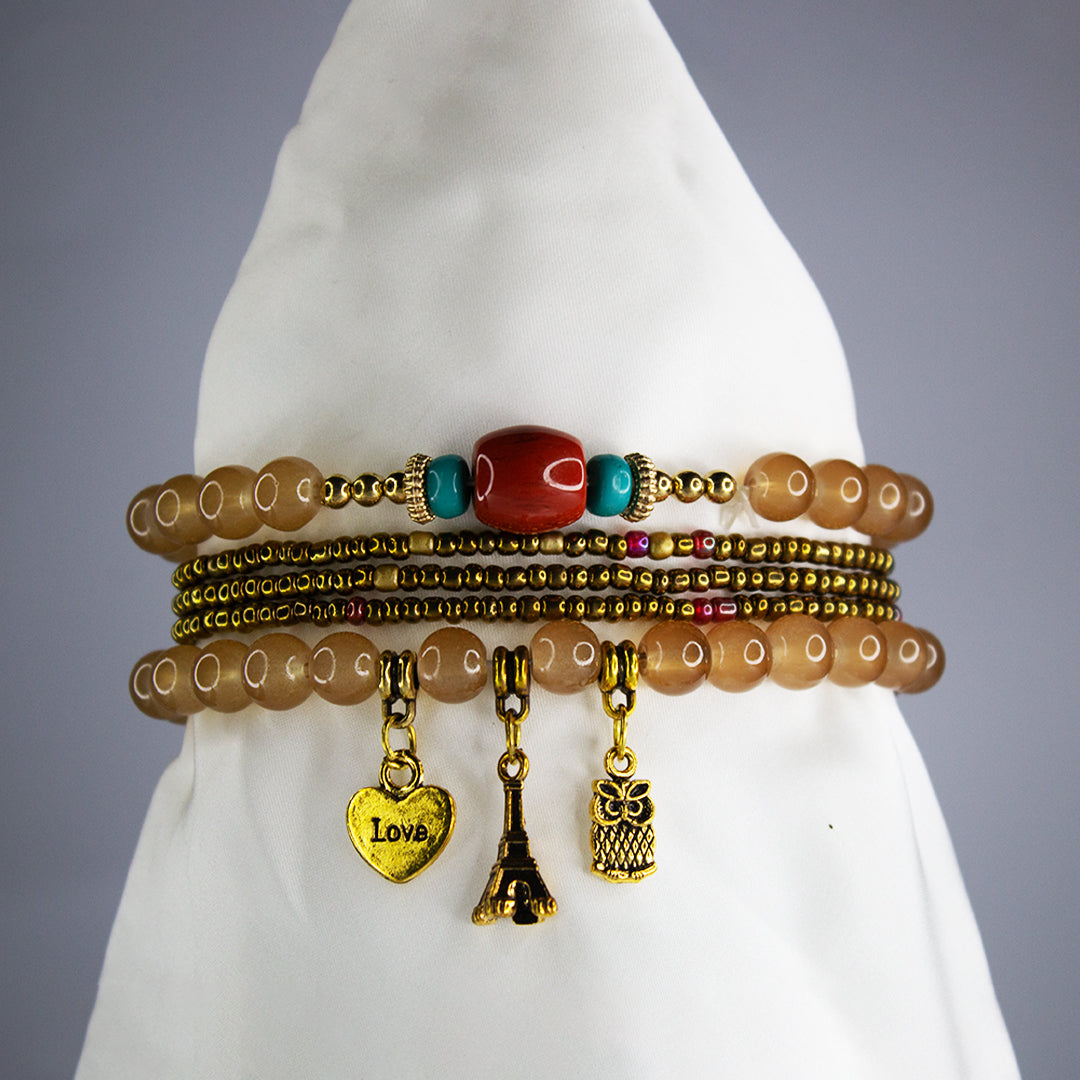 Boho Brown Beaded Charm Bracelet Set – Eiffel Tower, Pineapple & Love Heart