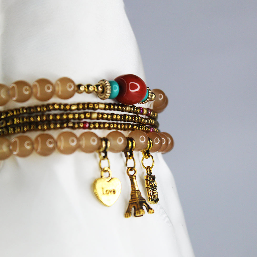 Boho Brown Beaded Charm Bracelet Set – Eiffel Tower, Pineapple & Love Heart