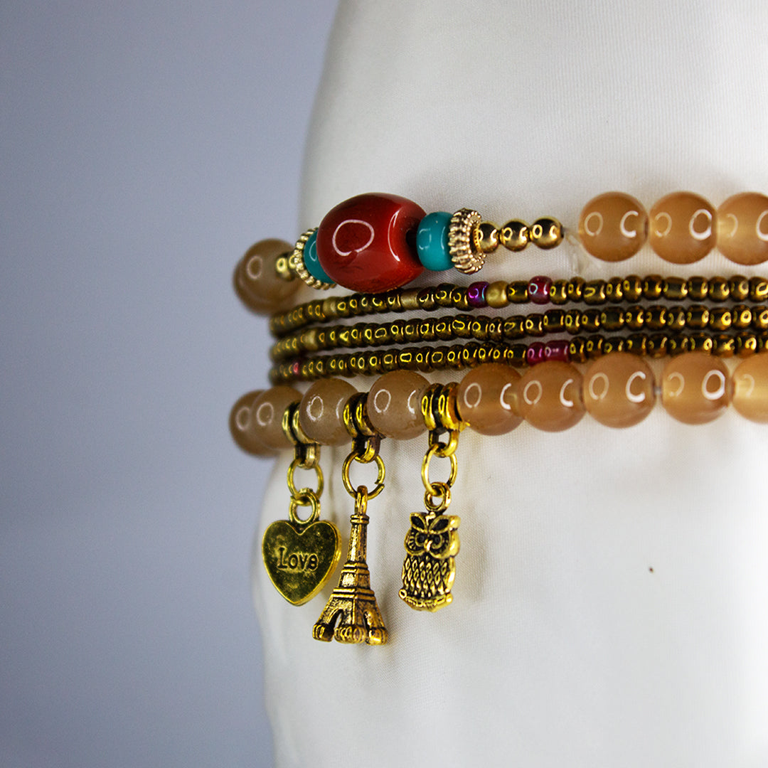 Boho Brown Beaded Charm Bracelet Set – Eiffel Tower, Pineapple & Love Heart