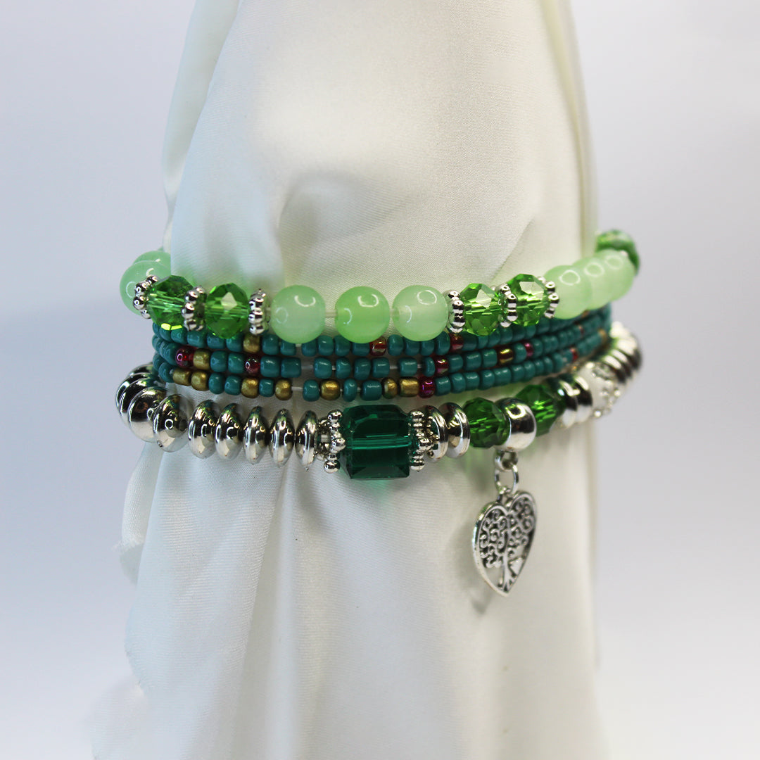 Boho Green Beaded Charm Bracelet Set – Eiffel Tower, Pineaplle & Love Heart