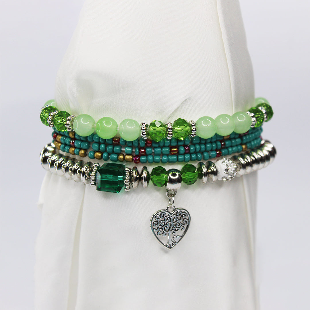 Boho Green Beaded Charm Bracelet Set – Eiffel Tower, Pineaplle & Love Heart