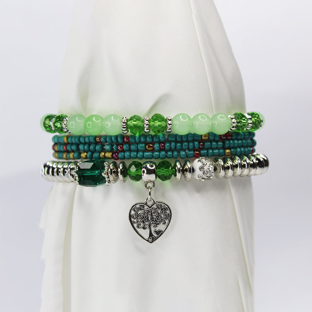 Boho Green Beaded Charm Bracelet Set – Eiffel Tower, Pineaplle & Love Heart