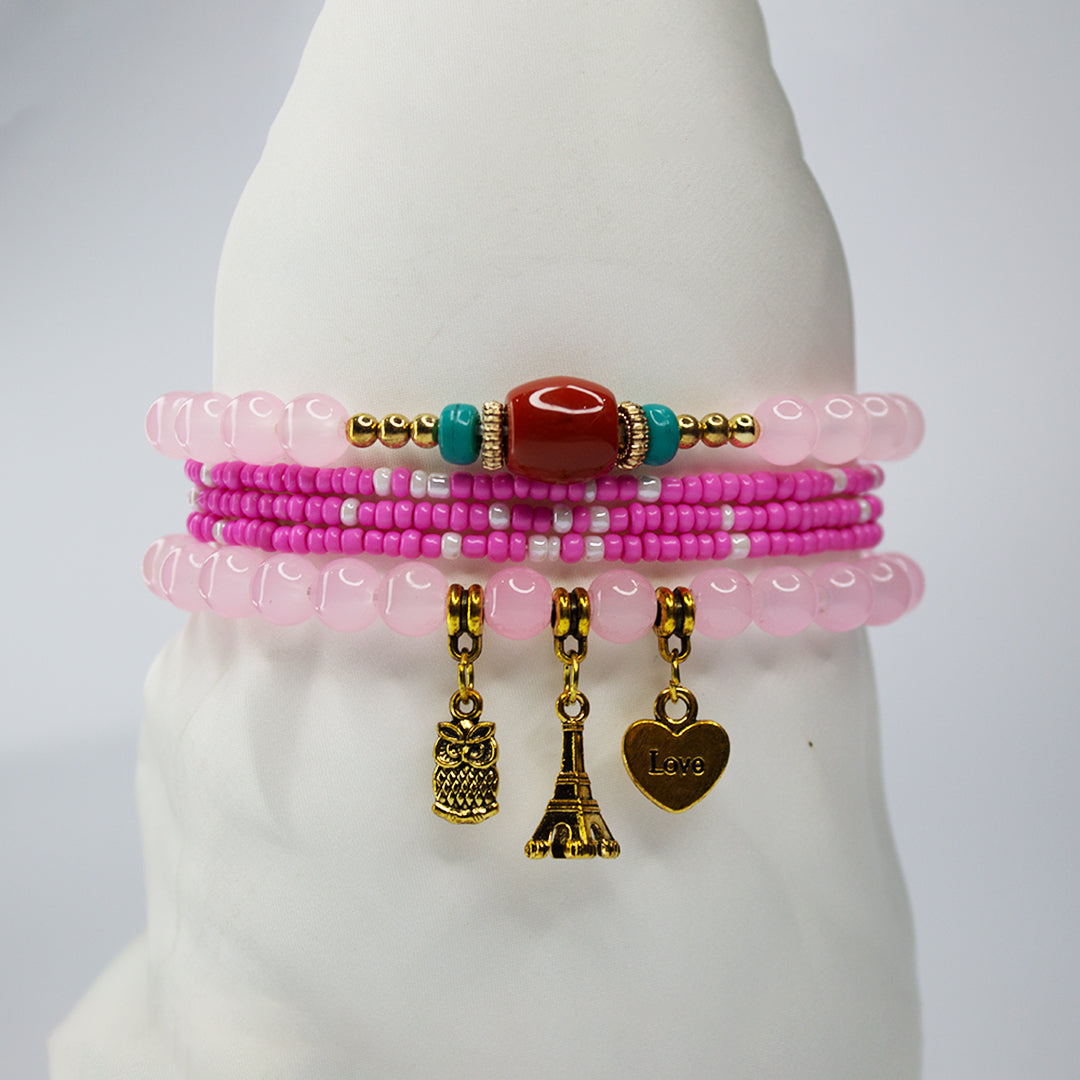 Boho Pink Beaded Charm Bracelet Set – Eiffel Tower, Pineaplle & Love Heart