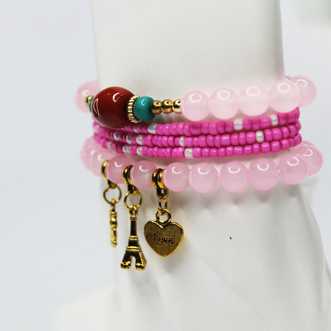 Boho Pink Beaded Charm Bracelet Set – Eiffel Tower, Pineaplle & Love Heart