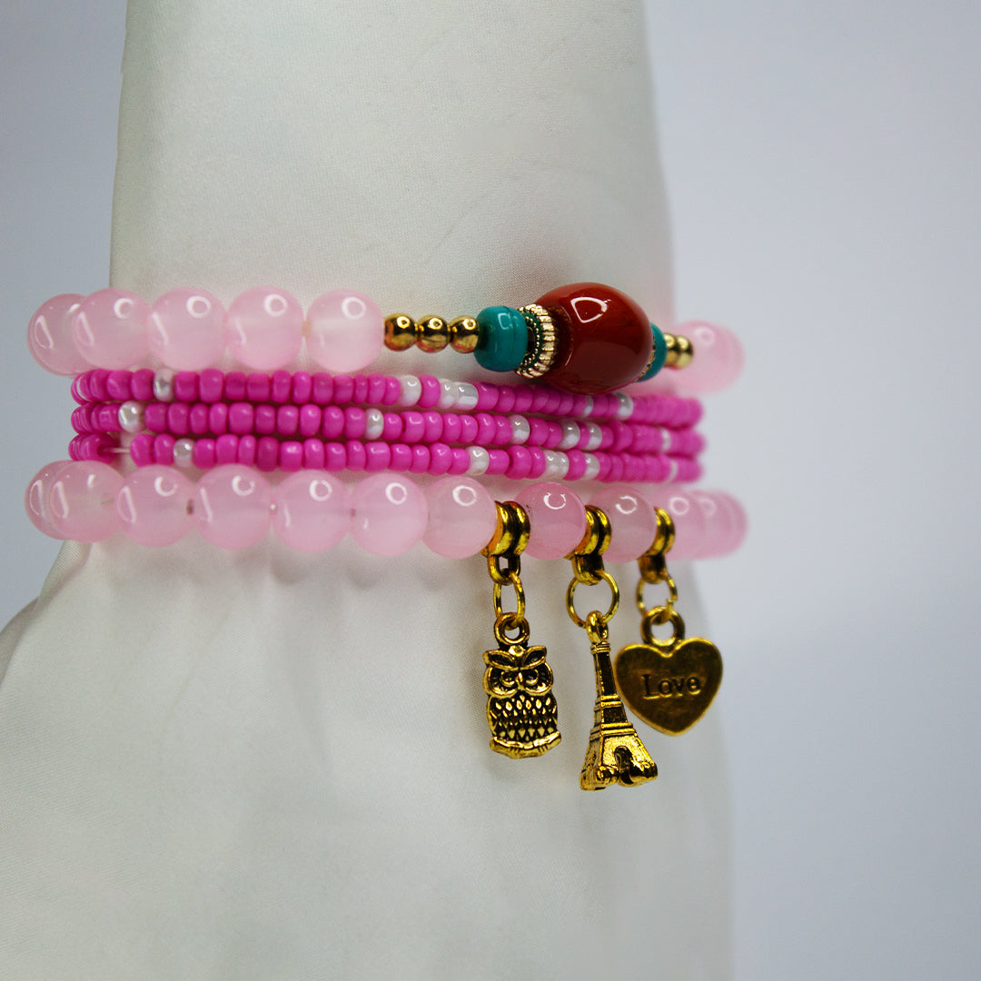 Boho Pink Beaded Charm Bracelet Set – Eiffel Tower, Pineaplle & Love Heart