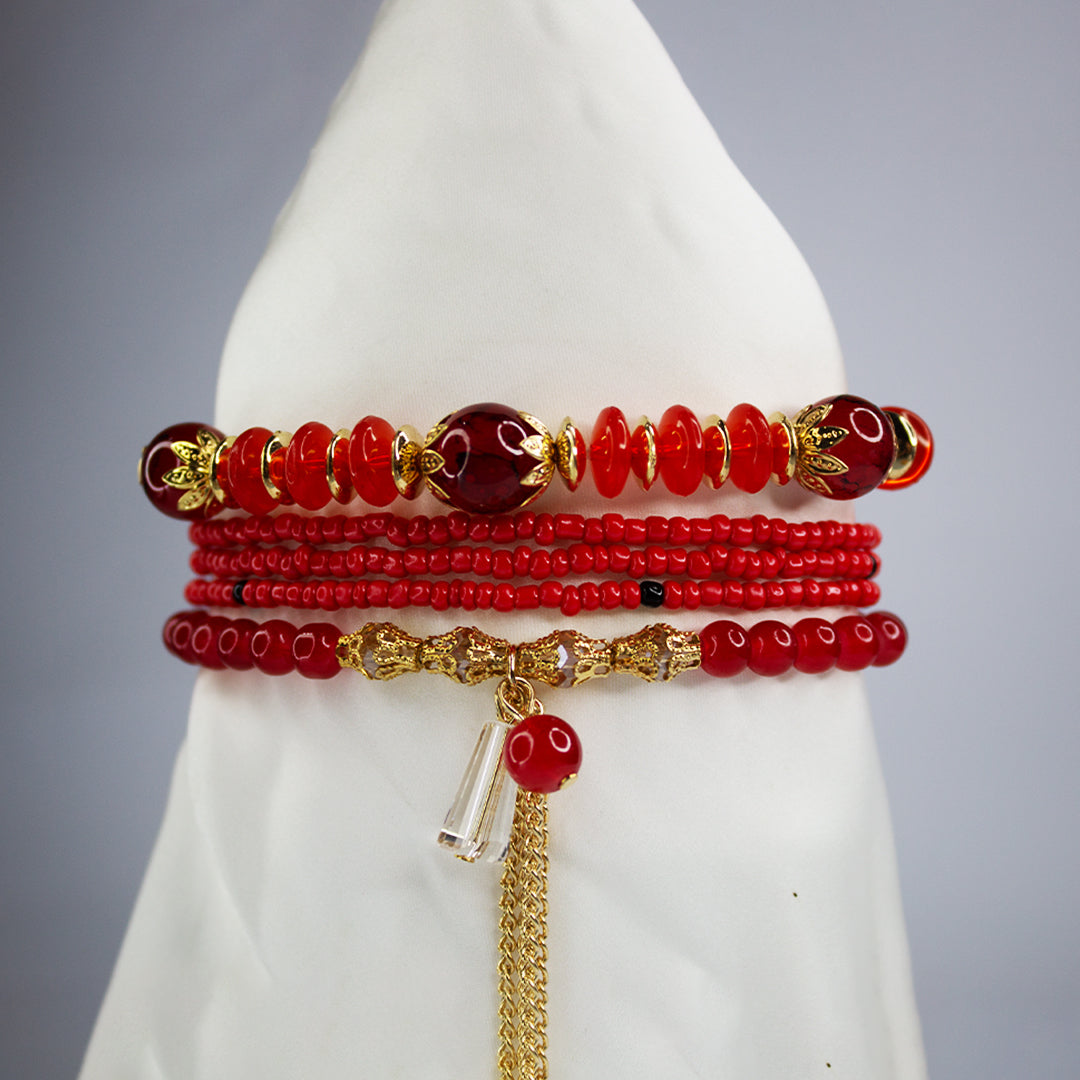 Boho red Beaded Charm Bracelet Set – Eiffel Tower, Pineapple & Love Heart