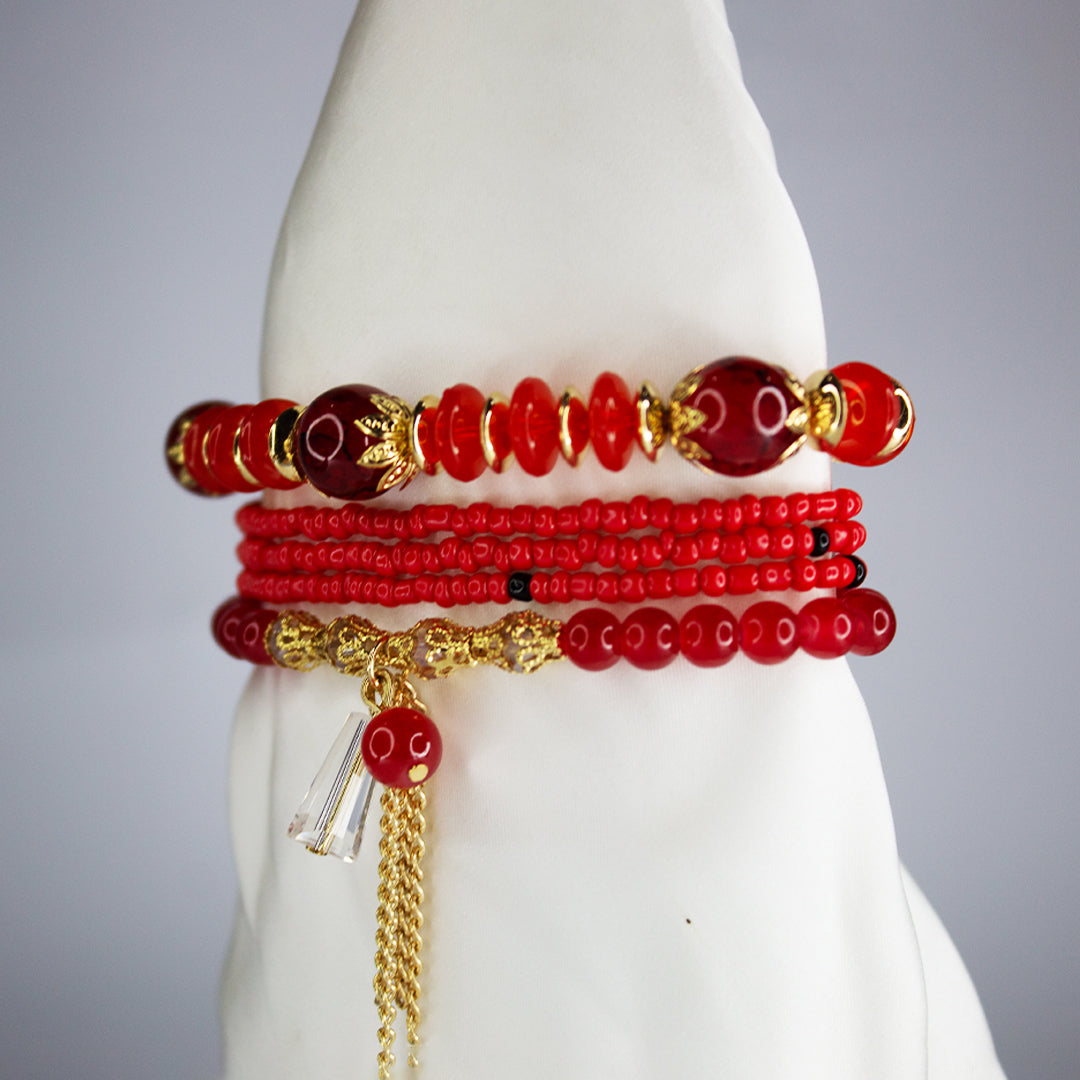 Boho red Beaded Charm Bracelet Set – Eiffel Tower, Pineapple & Love Heart