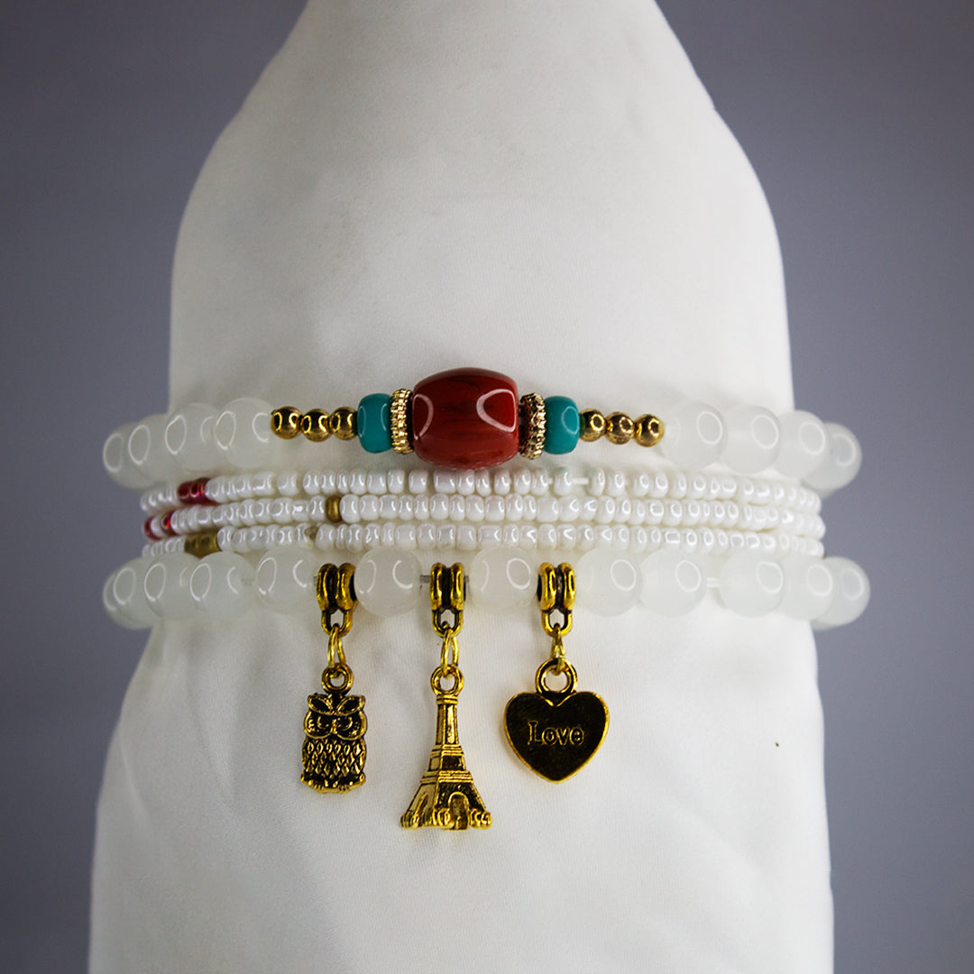 Boho White Beaded Charm Bracelet Set – Eiffel Tower, Pineapple & Love Heart