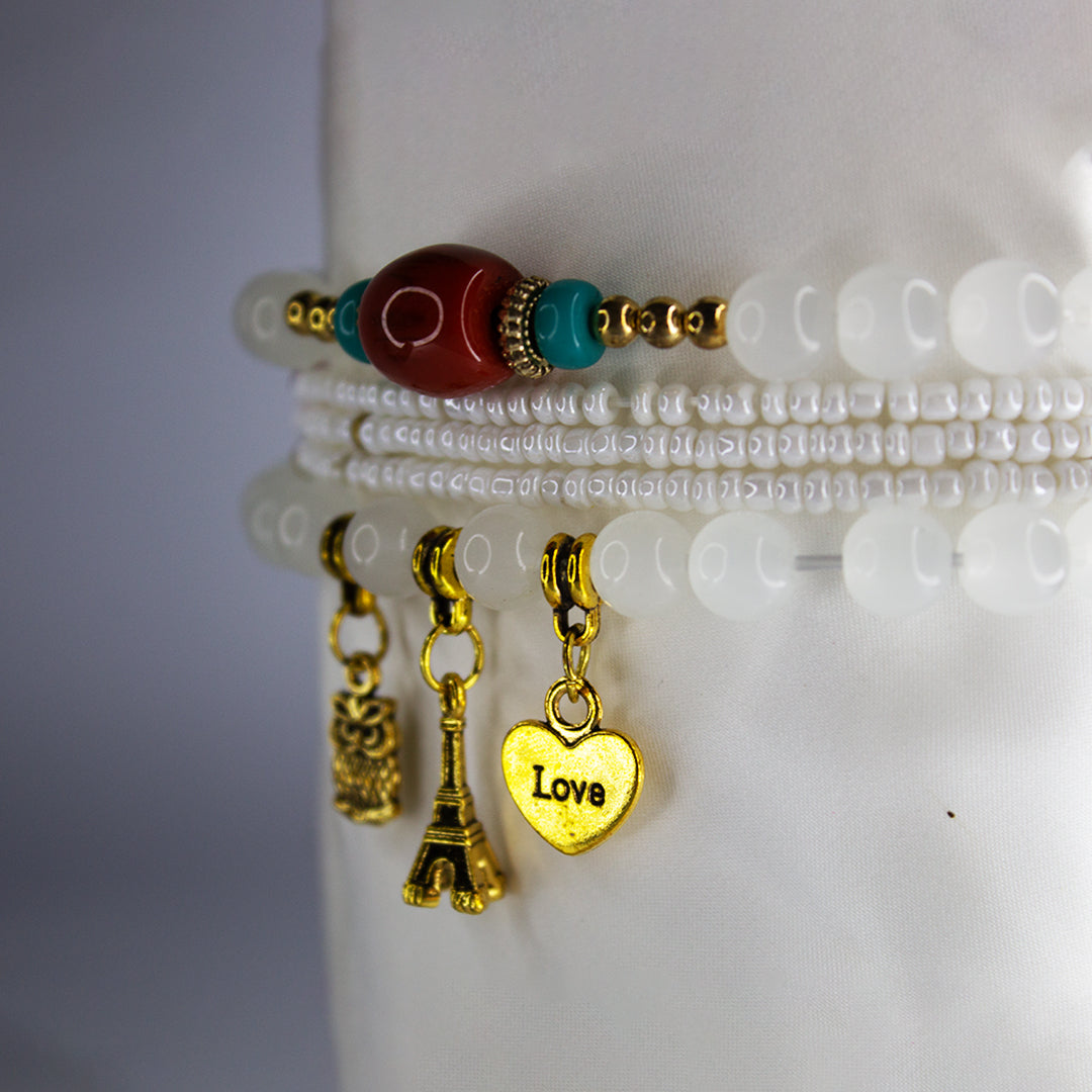 Boho White Beaded Charm Bracelet Set – Eiffel Tower, Pineapple & Love Heart