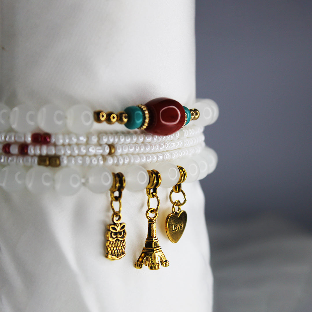Boho White Beaded Charm Bracelet Set – Eiffel Tower, Pineapple & Love Heart