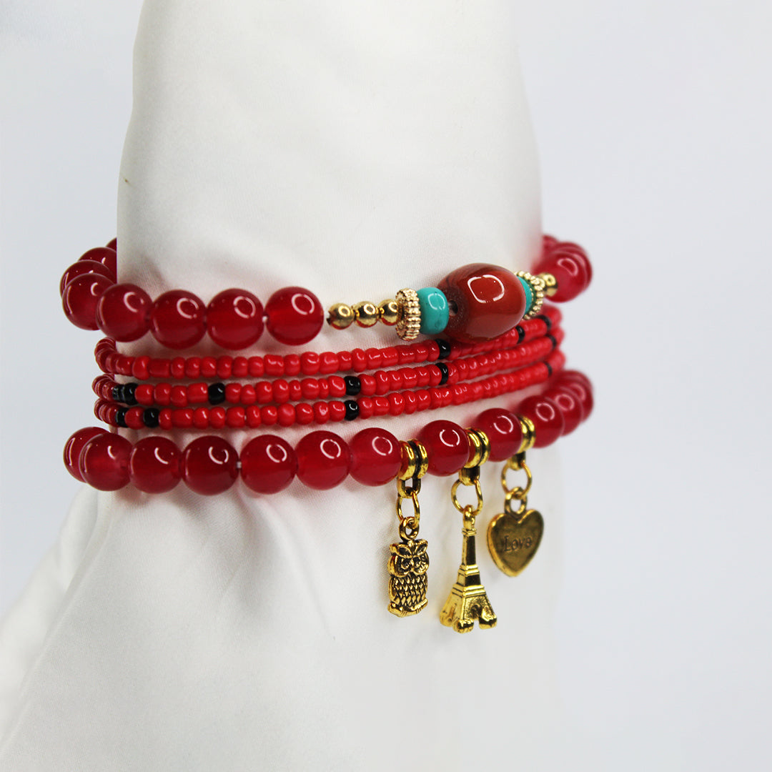 Boho red Beaded Charm Bracelet Set – Eiffel Tower, Pineapple & Love Heart