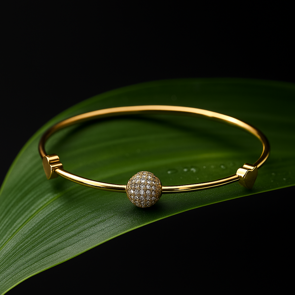 Stainless Steel Bangle with 1-Carat Gold Polish and Crystal-Encrusted Centerpiece