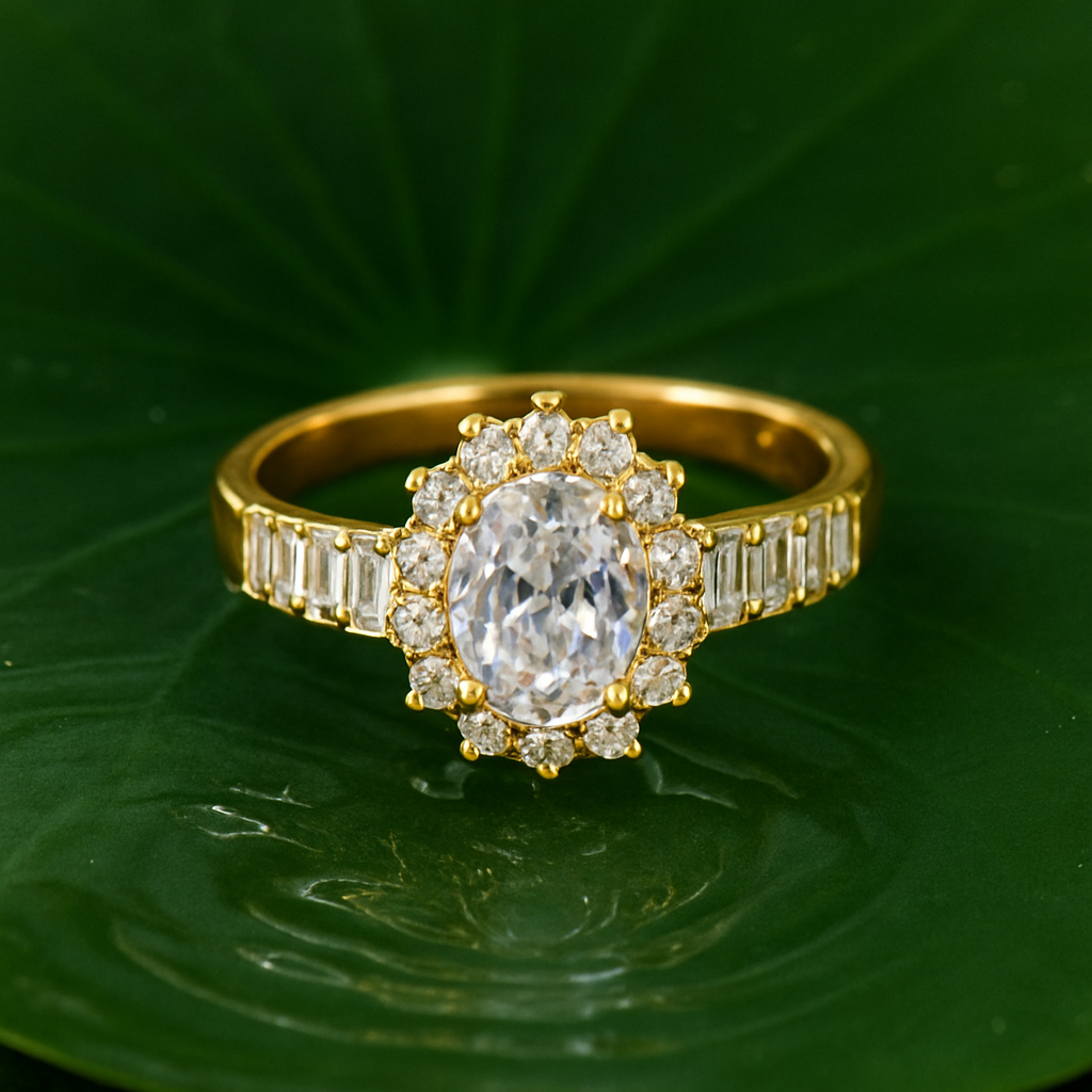 Luxury Adjustable Stainless Steel Ring with 1 Carat Gold Polish and Sparkling Oval Stone