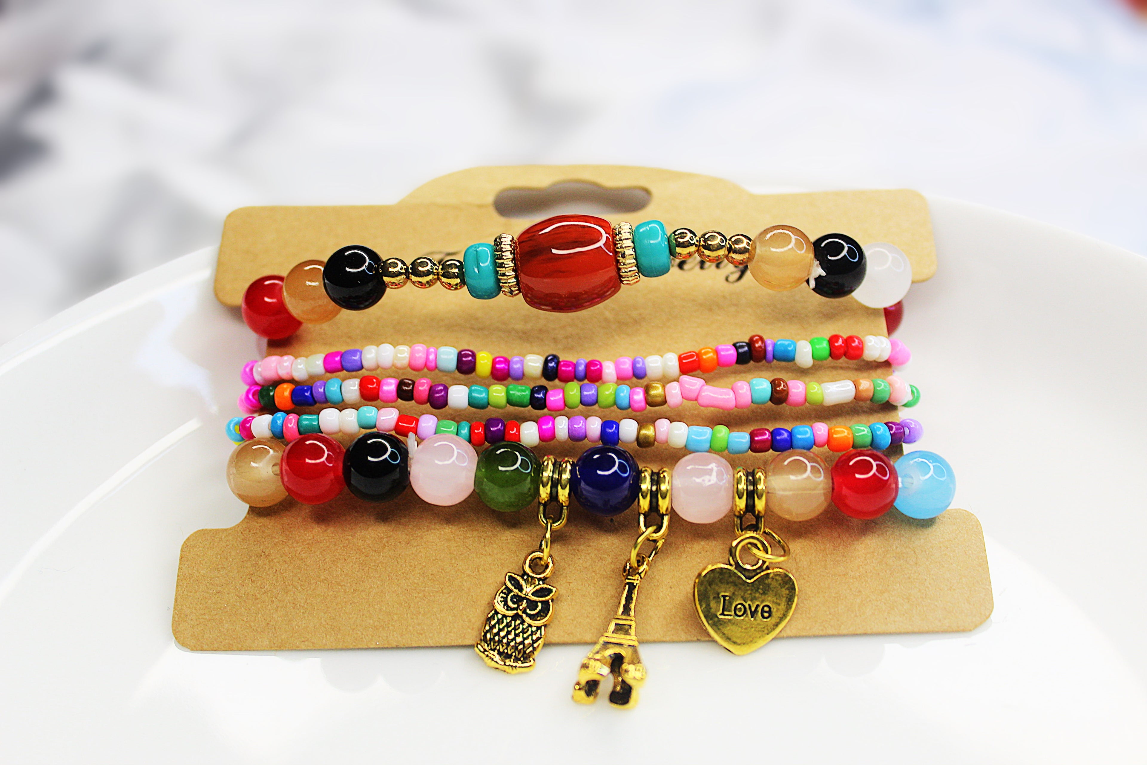 Bohomulti Beaded Charm Bracelet Set – Eiffel Tower, Pineapple & Love Heart