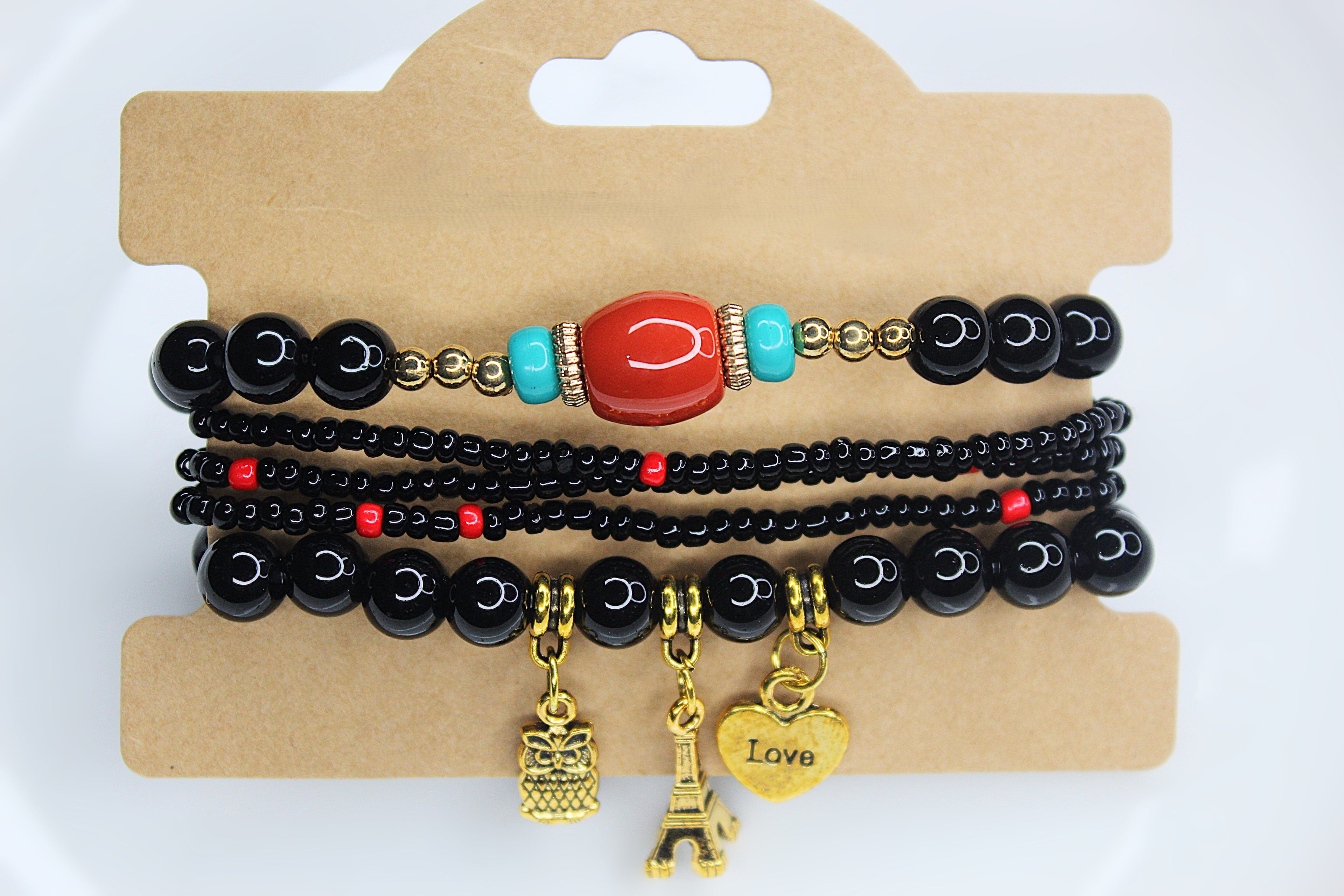 Boho Owl Black Beaded Charm Bracelet Set – Eiffel Tower, Pineapple & Love Heart