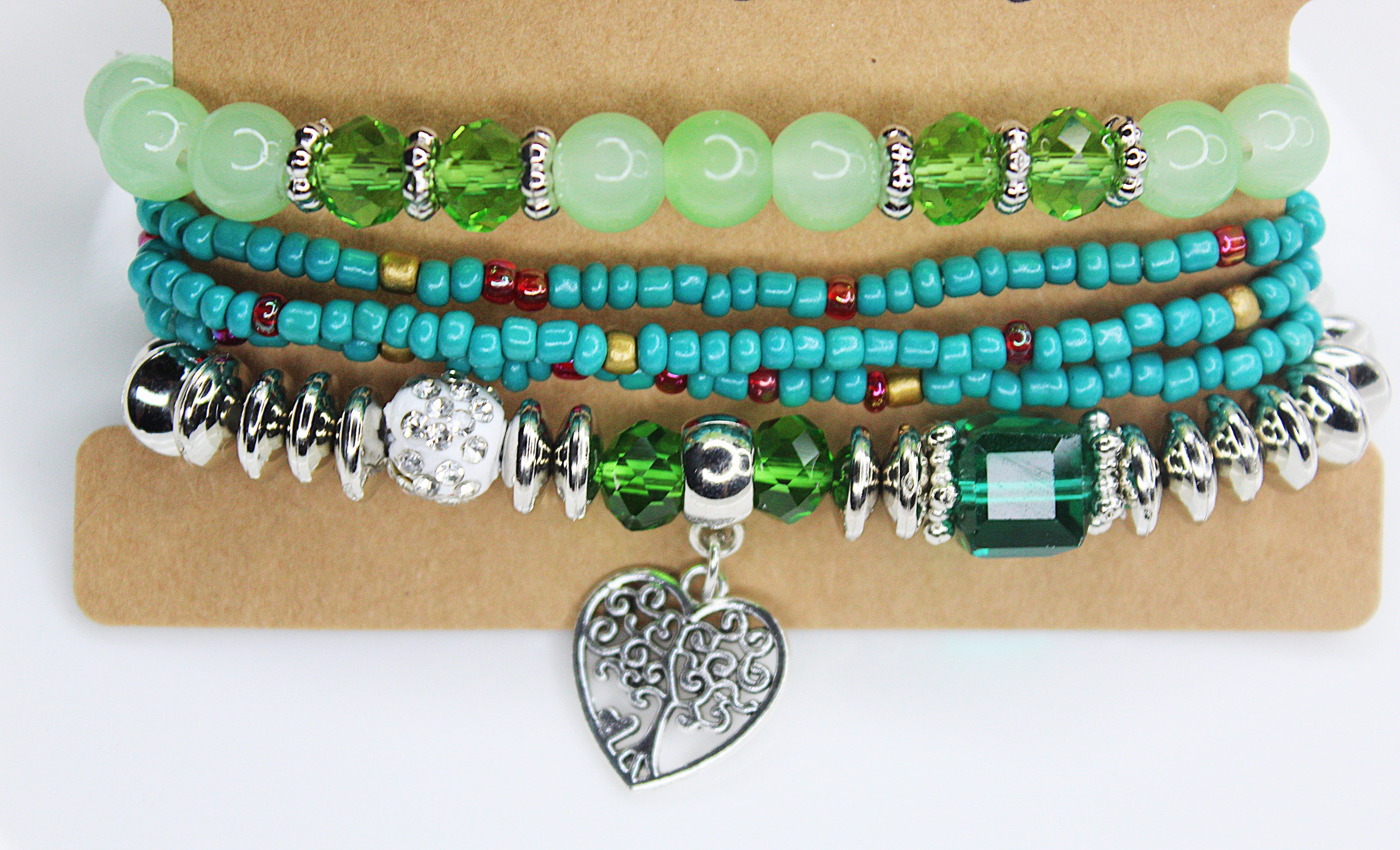 Boho Green Beaded Charm Bracelet Set – Eiffel Tower, Pineaplle & Love Heart