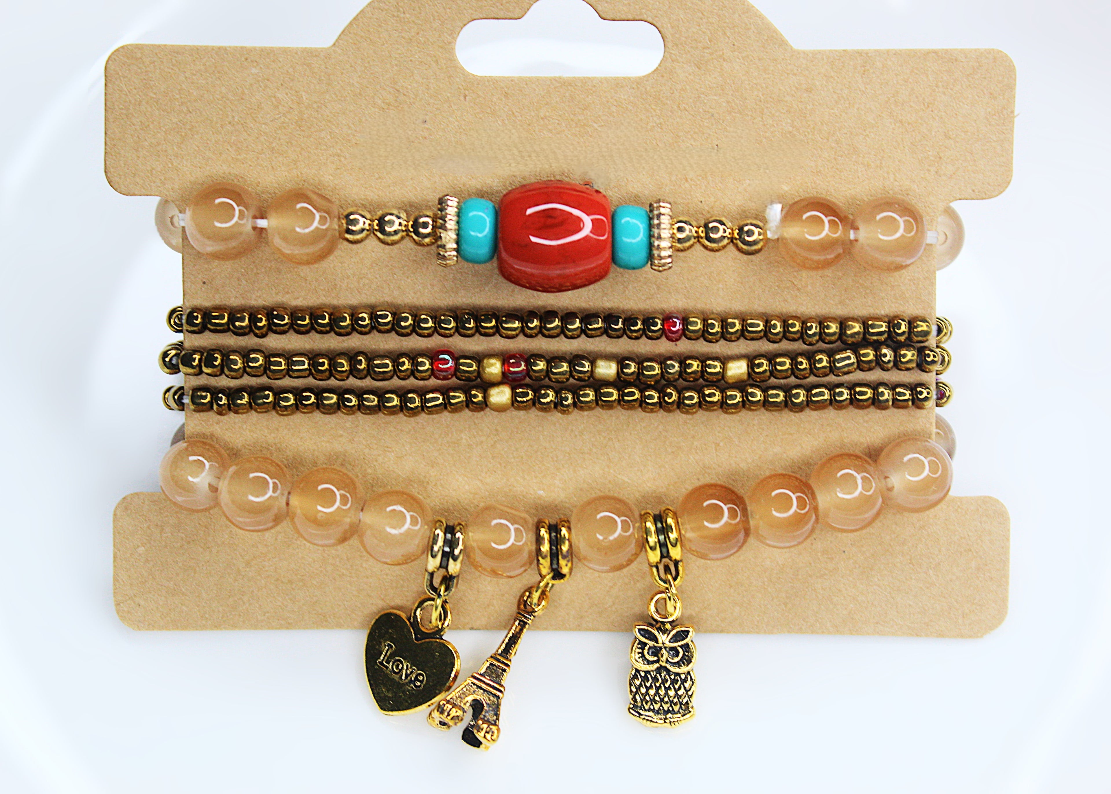 Boho Brown Beaded Charm Bracelet Set – Eiffel Tower, Pineapple & Love Heart
