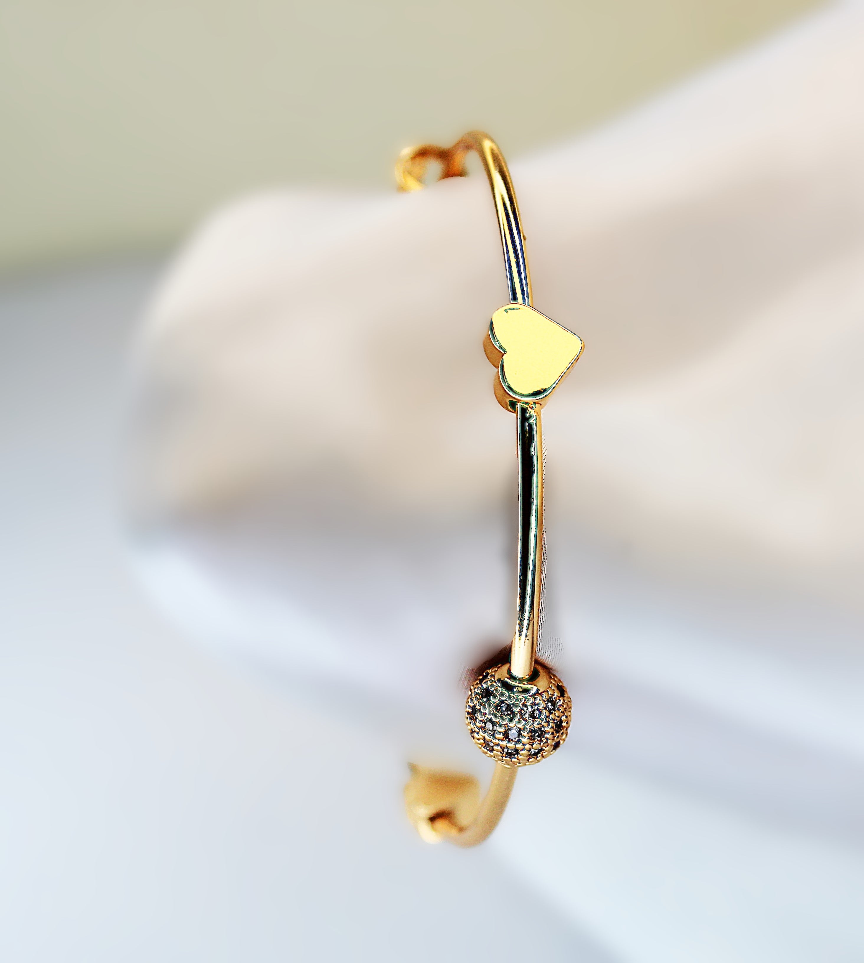 Stainless Steel Bangle with 1-Carat Gold Polish and Crystal-Encrusted Centerpiece