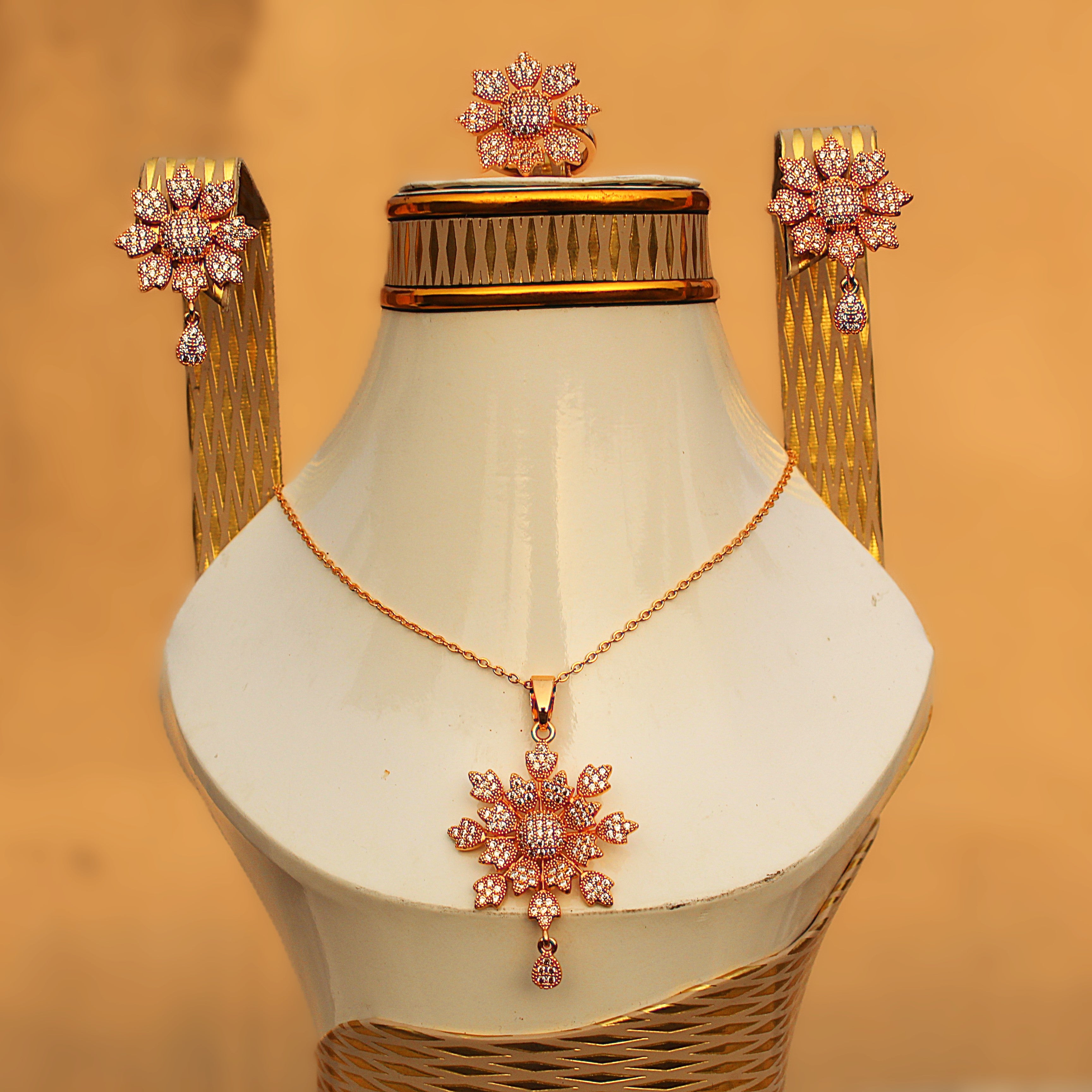Stainless Steel Elegant Floral Rose Gold Jewelry Set with Necklace, Earrings & Ring