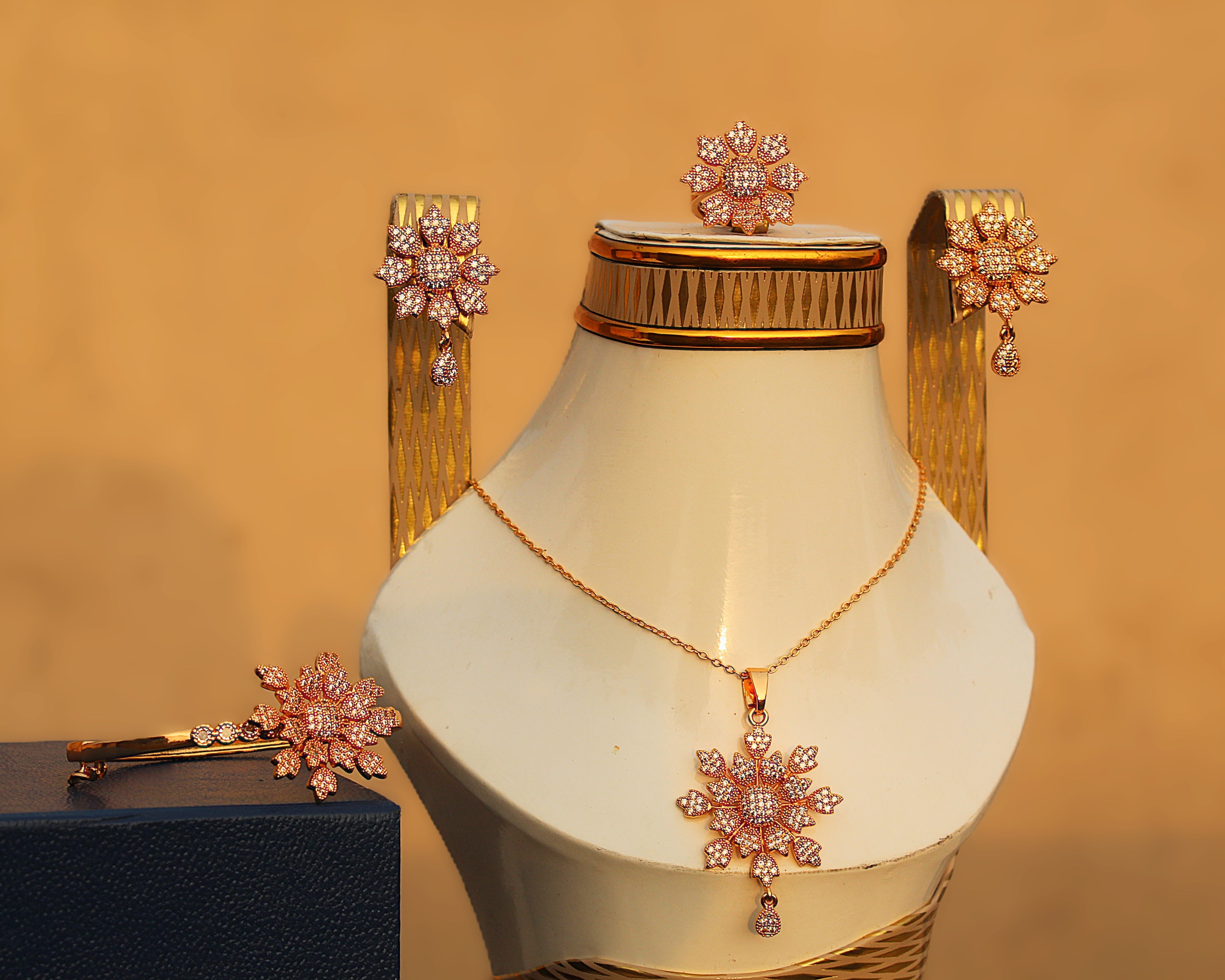 Stainless Steel Elegant Floral Rose Gold Jewelry Set with Necklace, Earrings & Ring