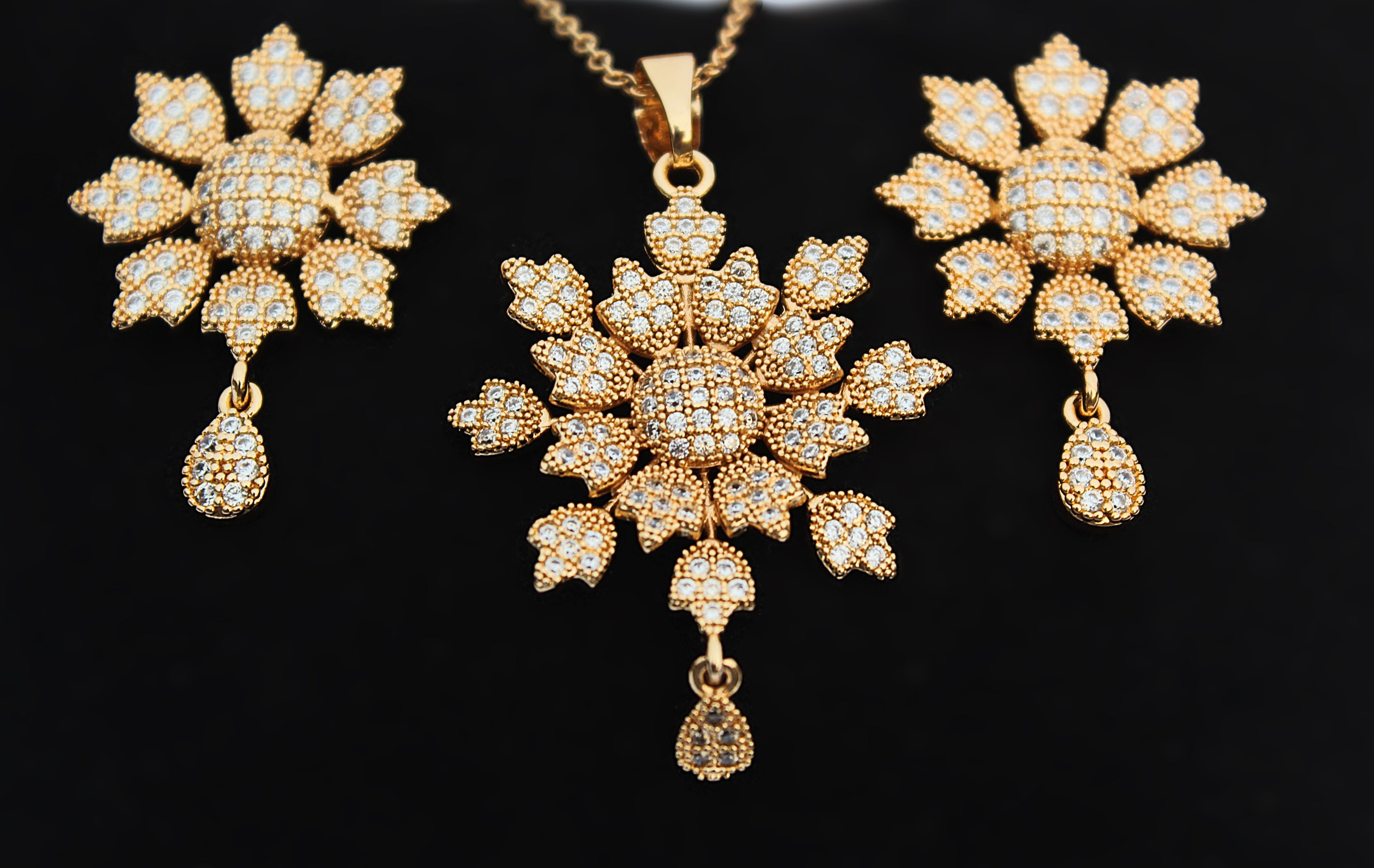 Stainless Steel Elegant Floral Rose Gold Jewelry Set with Necklace, Earrings & Ring