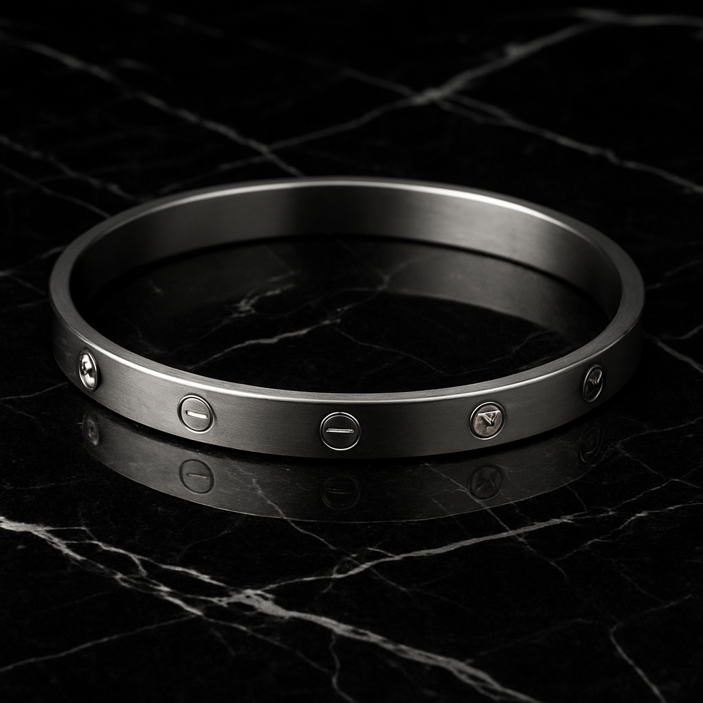 Sleek Silver Stainless Steel Braclet Adorned with Sparkling Crystals and Engraved Detailing