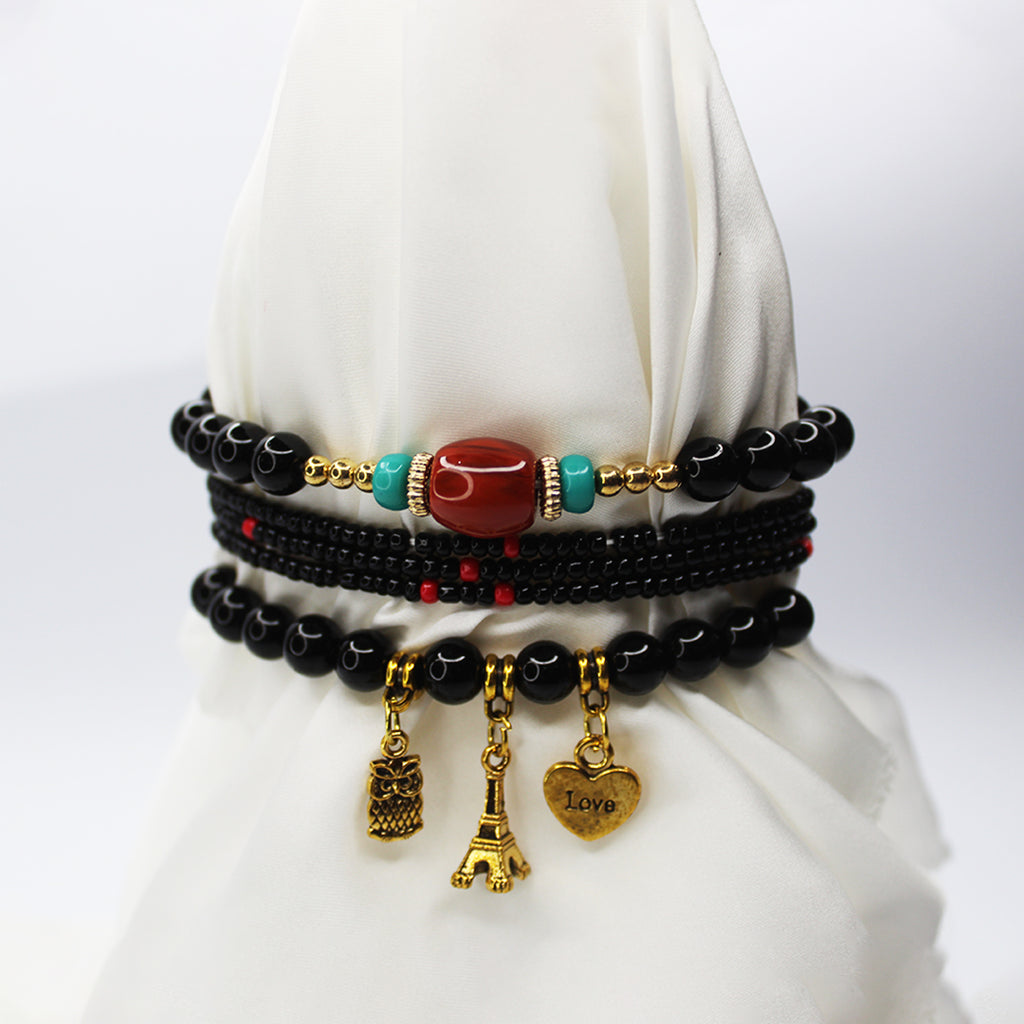 Boho Owl Black Beaded Charm Bracelet Set – Eiffel Tower, Pineapple & Love Heart