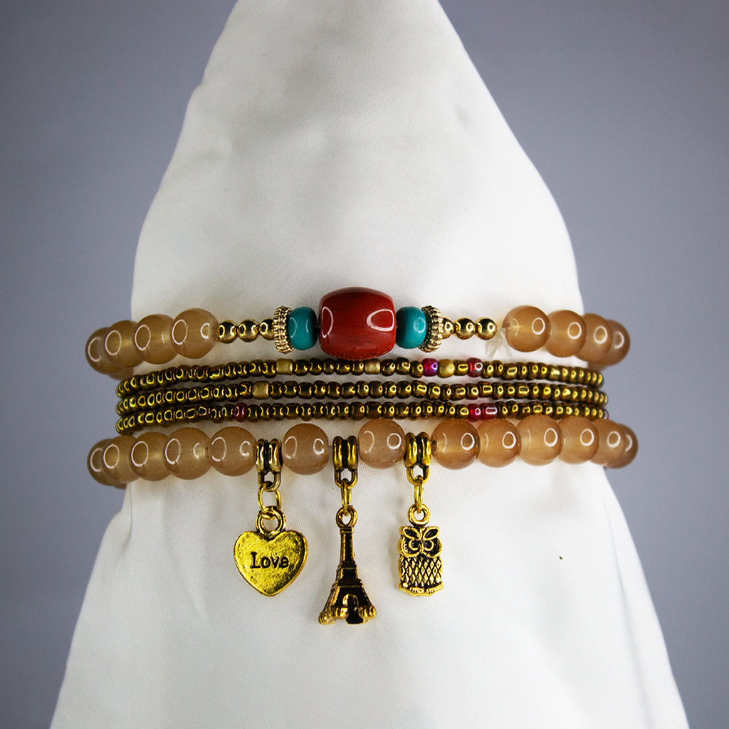Boho Brown Beaded Charm Bracelet Set – Eiffel Tower, Pineapple & Love Heart