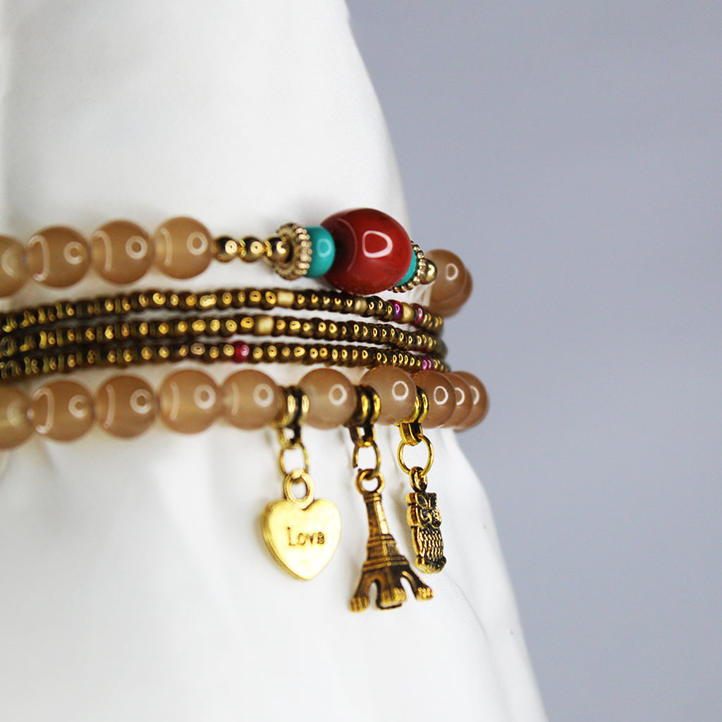Boho Brown Beaded Charm Bracelet Set – Eiffel Tower, Pineapple & Love Heart