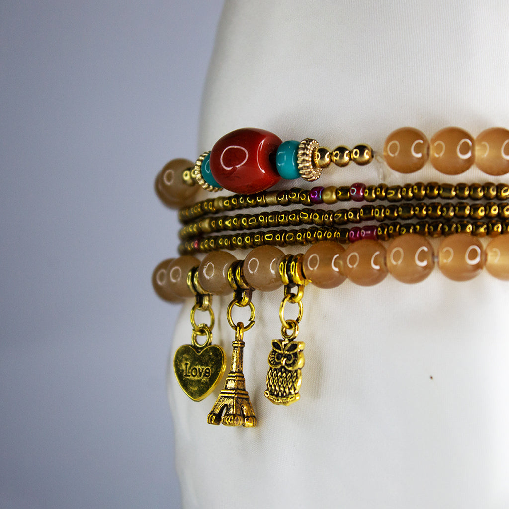 Boho Brown Beaded Charm Bracelet Set – Eiffel Tower, Pineapple & Love Heart