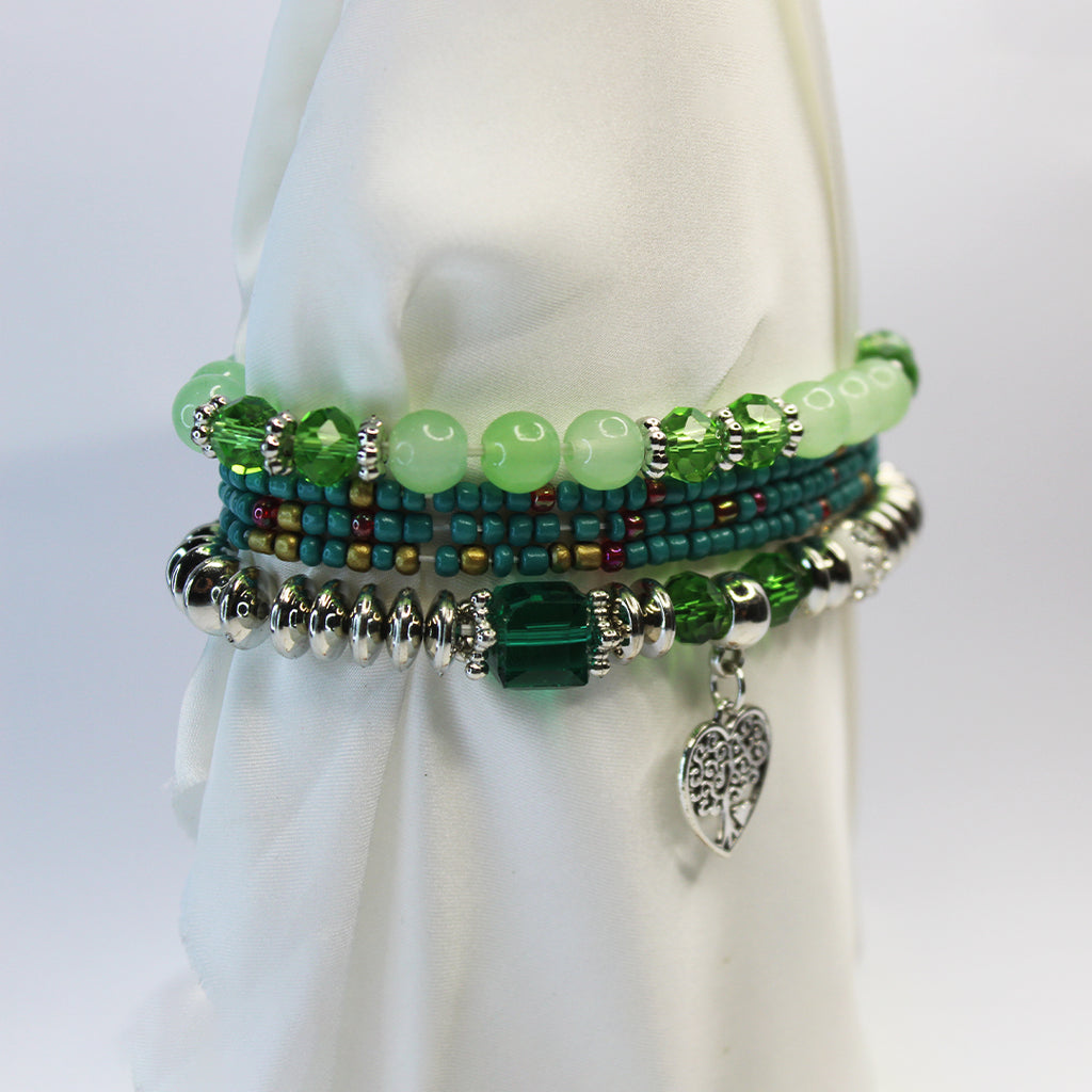 Boho Green Beaded Charm Bracelet Set – Eiffel Tower, Pineaplle & Love Heart