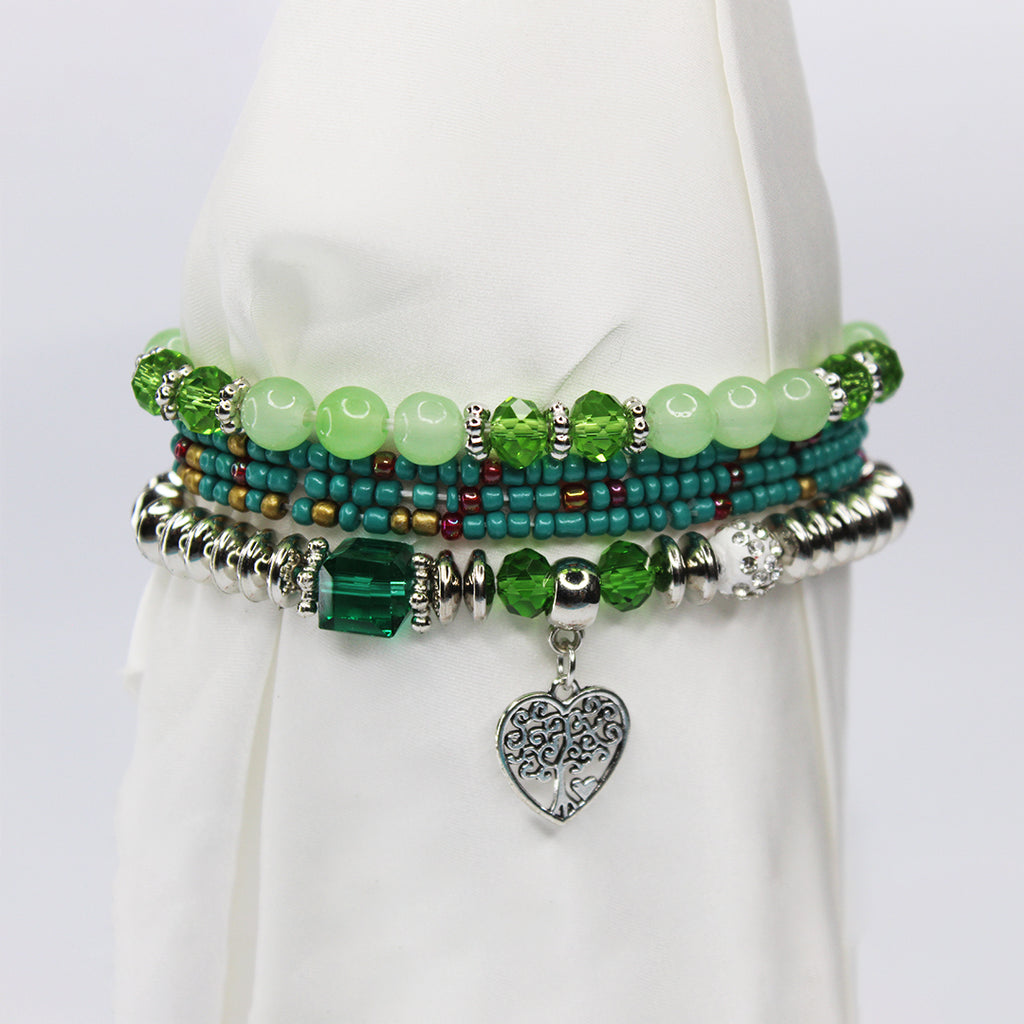 Boho Green Beaded Charm Bracelet Set – Eiffel Tower, Pineaplle & Love Heart