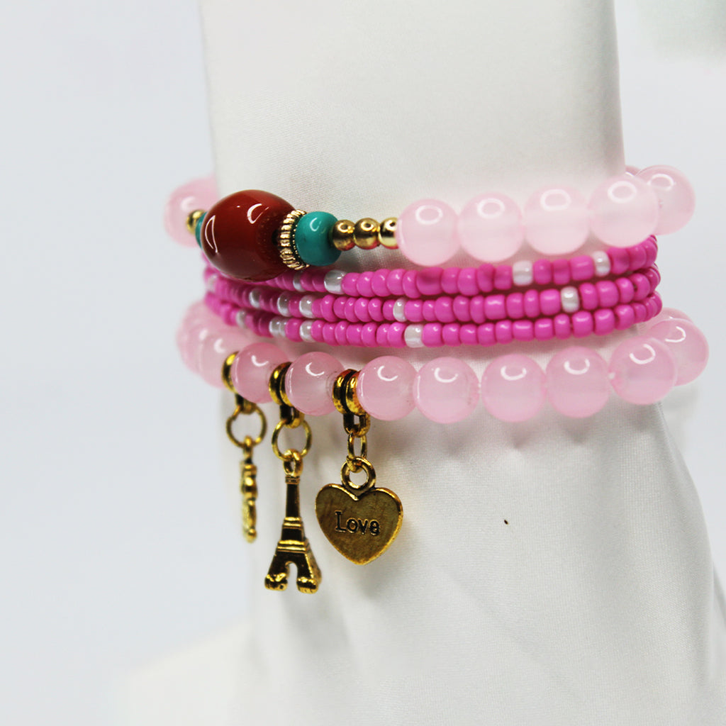 Boho Pink Beaded Charm Bracelet Set – Eiffel Tower, Pineaplle & Love Heart