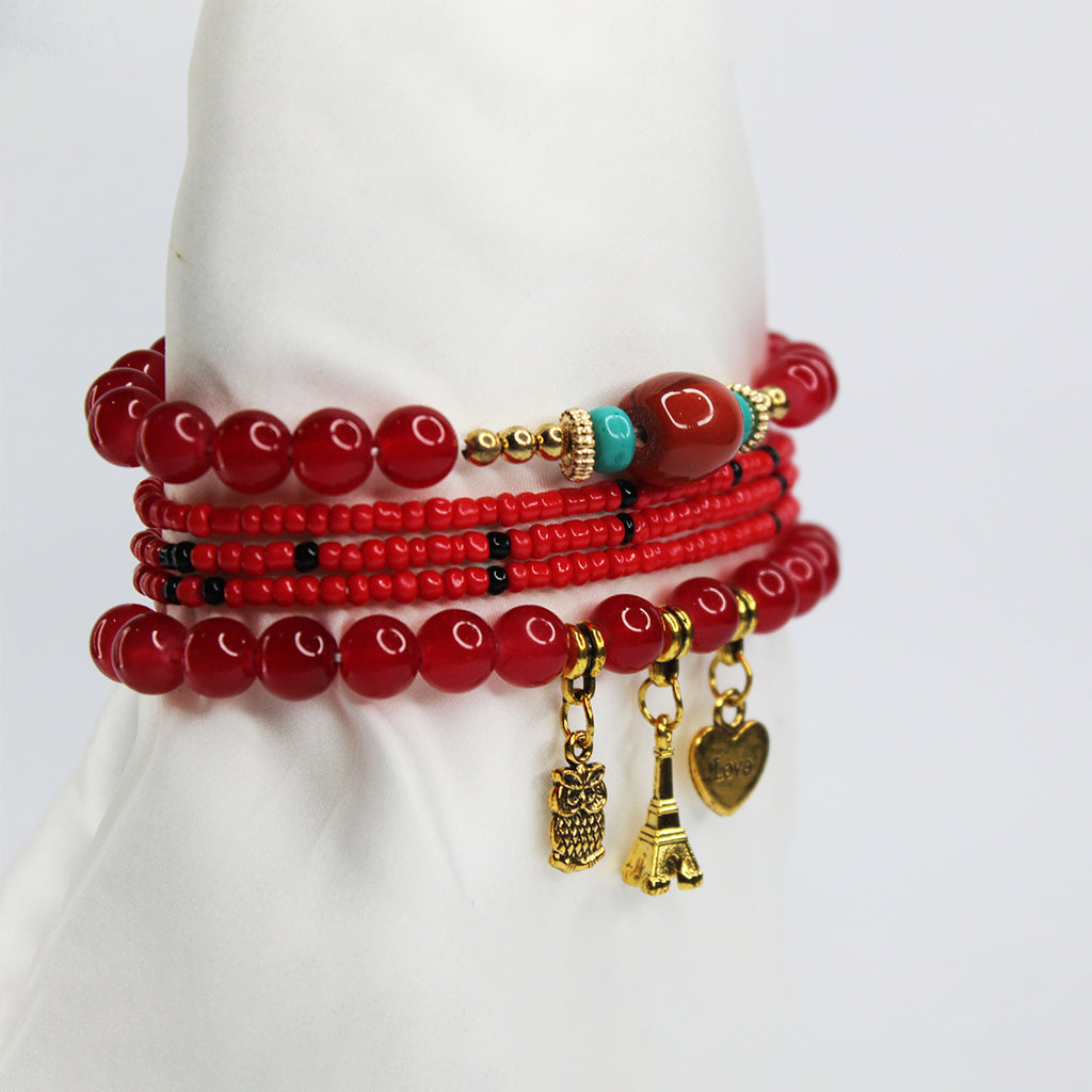 Boho red Beaded Charm Bracelet Set – Eiffel Tower, Pineapple & Love Heart