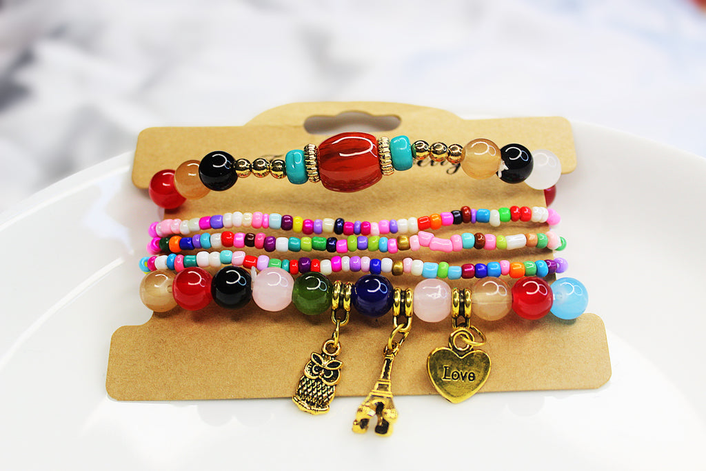 Bohomulti Beaded Charm Bracelet Set – Eiffel Tower, Pineapple & Love Heart