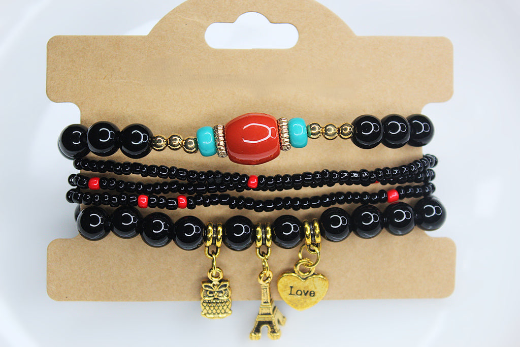 Boho Owl Black Beaded Charm Bracelet Set – Eiffel Tower, Pineapple & Love Heart
