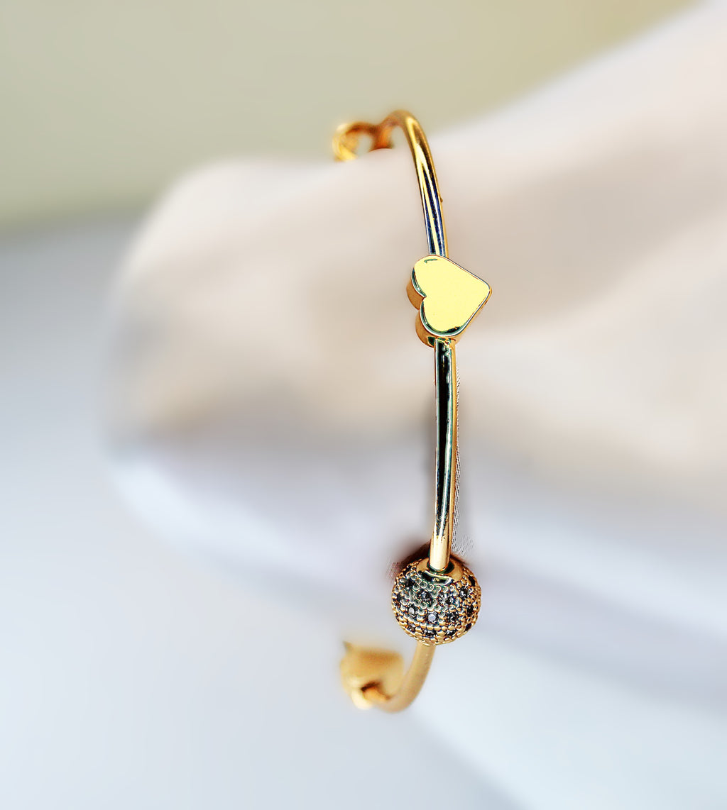 Stainless Steel Bangle with 1-Carat Gold Polish and Crystal-Encrusted Centerpiece
